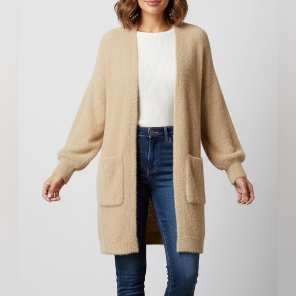 Sioni Size S Fuzzy Open Cardigan Knitted Sweater Caramel Brown Soft Luxurious
